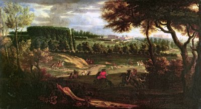 Luis XIV (1638-1715) cazando en Marly con una vista del Château Vieux de Saint Germain de Pierre Denis Martin