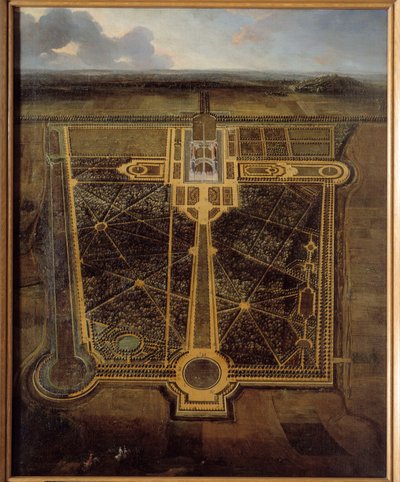 Vista en perspectiva de un castillo y un parque a la francesa de Pierre Denis Martin