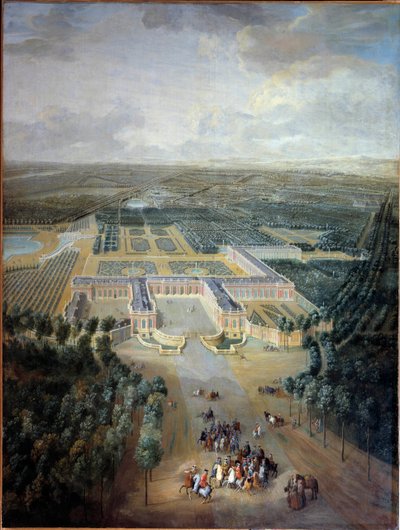 Vista en perspectiva del castillo y jardines de Trianon: paseo del Rey Luis XV a caballo de Pierre Denis Martin