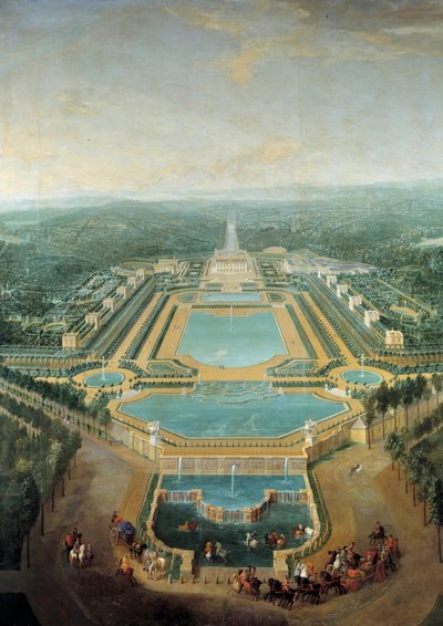 Vista en perspectiva del castillo de Marly, el rey Luis XV (1710-1774) niño en carruaje pasa frente al abrevadero de Pierre Denis Martin