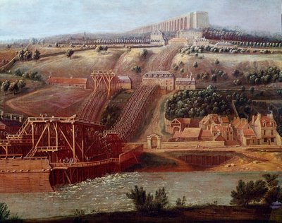 Vista de la máquina del acueducto de Marly instalada en Bougival El acueducto de Louveciennes permitía abastecer de agua al castillo de Marly. (detalle) de Pierre Denis Martin