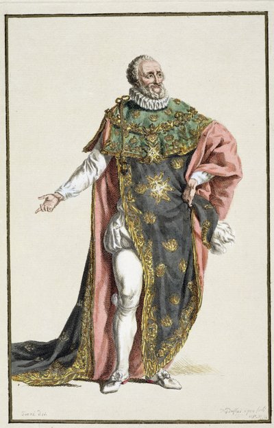 Enrique IV (1553-1610) Rey de Francia, de Receuil des Estampes, representant les Rangs et les Dignites, suivant le Costume de toutes les Nations existantes, publicada en 1780 de Pierre Duflos