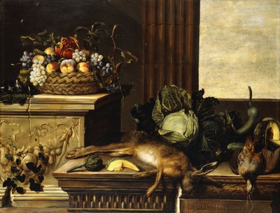 Fruta en una Cesta de Mimbre con Higos en un Plinto, Caza Muerta, una Col, un Melón, una Calabaza y una Alcachofa en un Saliente de Piedra, una Ventana al Fondo de Pierre Dupuis