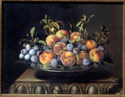 Duraznos y ciruelas en un plato de hojalata de Pierre Dupuis