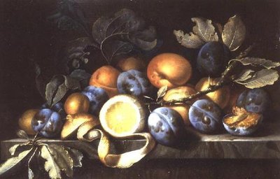 Bodegón con ciruelas y un limón pelado (uno de un par) de Pierre Dupuis