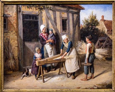 La familia del granjero (campesinos ocupados preparando cáñamo delante de la puerta de una casa de campo) de Pierre Duval Le Camus