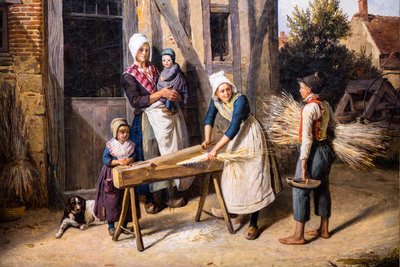 La familia del granjero (campesinos ocupados preparando cáñamo delante de la puerta de una casa de campo) de Pierre Duval Le Camus