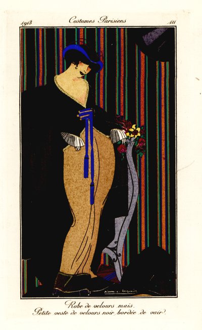 Mujer con vestido de terciopelo amarillo maíz con chaleco negro de Pierre E. Legrain