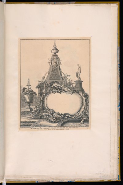 Cartucho con una fuente y un obelisco en el fondo de Pierre Edme Babel
