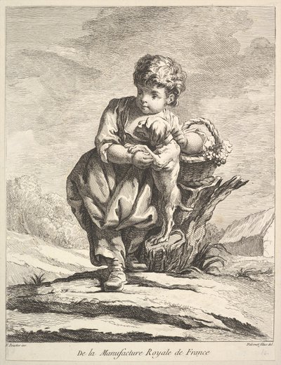 Niño con un perro, sosteniendo una cesta de uvas, de Premier Livre de Figures d
