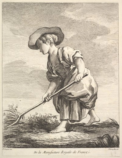 Niña pequeña haciendo trabajo agrícola, del Primer Libro de Figuras según las porcelanas de la M... de Pierre Etienne Falconet