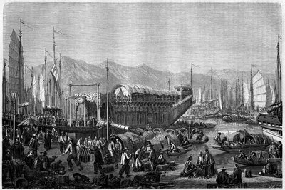 Barco de las Flores, un restaurante y lugar de diversión en el puerto de Shanghái en 1860, China. Grabado por Grandsire, en “Le Tour du Monde, Nouveau journal des Voyages”, editado por Edouard Charton, París de Pierre Eugene Grandsire