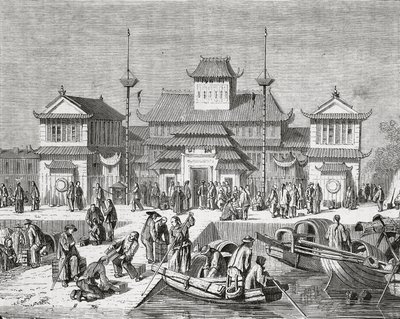 China, Shanghai, Aduana de Shanghai, grabado de Pierre Eugene Grandsire