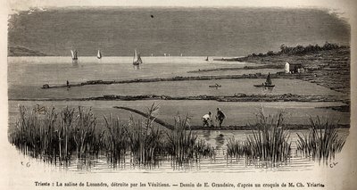 La salina de Lusandra, en las cercanías de Trieste, destruida por los venecianos que la veían como una peligrosa rivalidad al monopolio que ejercían en el Adriático, grabado por E.Grandsire ilustrando el viaje a Istria y Dalmacia en 1874 por Charles Yria de Pierre Eugene Grandsire