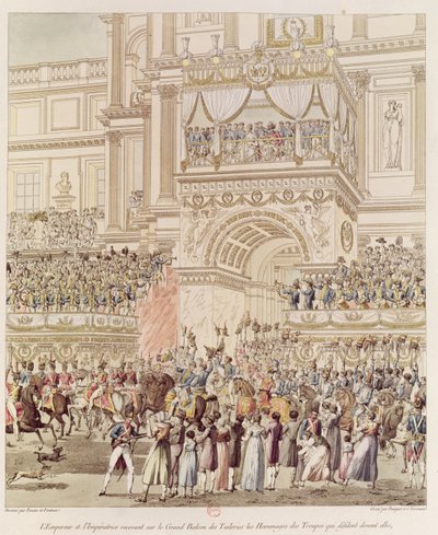 El emperador y la emperatriz recibiendo el homenaje de las tropas francesas desde el balcón de las Tullerías en ocasión de su matrimonio, grabado por Charles Pierre Joseph Normand (1765-1840) de Pierre Francois Leonard Fontaine