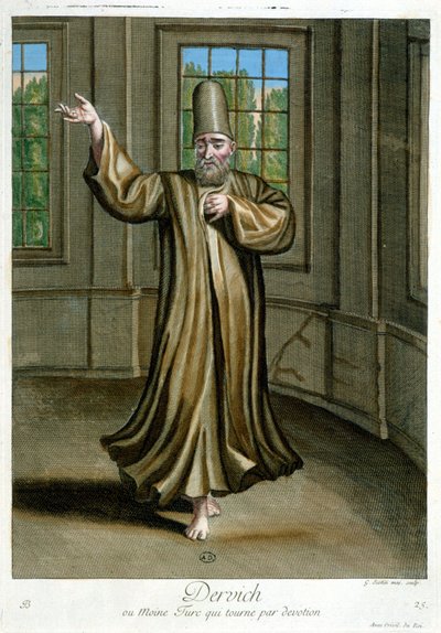 Derviche, o monje turco que baila por devoción, “Colección de 100 grabados que representan diferentes naciones del Levante en 1707 y 1708” por órdenes de M. de Frriol, embajador del rey en la Puerta y actualizado en 1712-13 por el cuidado de M. Le Hay, gra de Pierre François Basan