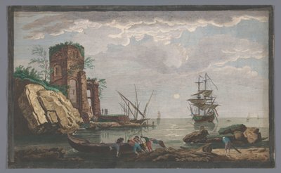 Vista de una costa cerca de la ciudad de Toulon a la luz de la luna Vüe ​​​​des environs de Toulon (título sobre objeto) de Pierre François Basan