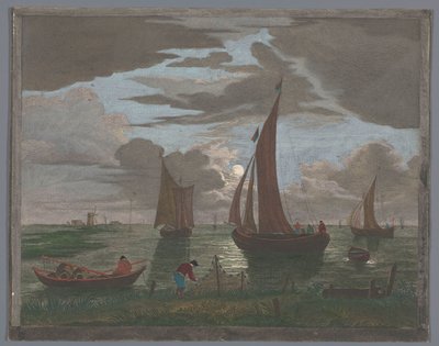 Vista de una costa con barcos y barcos en el agua a la luz de la luna 1er. Clair de lune (título sobre objeto) de Pierre François Basan
