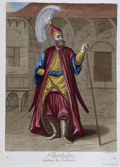 Tchorbadgi, capitán de los jenízaros, "Colección de 100 grabados que representan diferentes naciones del Levante en 1707 y 1708" por órdenes de M. de Frriol, embajador del rey en la Puerta y actualizada en 1712-13 por el cuidado de M. Le Hay, Basan de Pierre François Basan