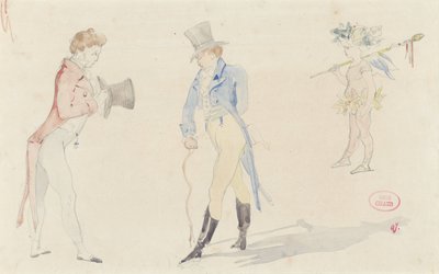 Hoja de boceto ligero que muestra a dos dandis que se reúnen y un amour de ballet de Pierre François Eugène Giraud