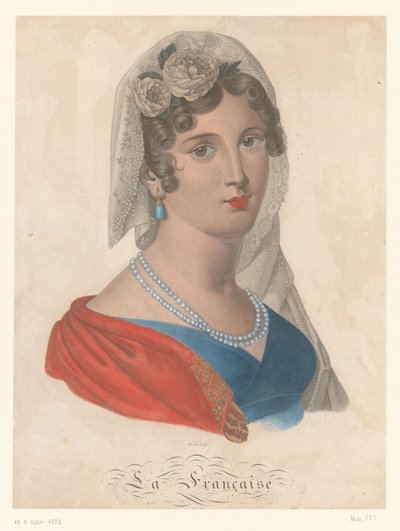 Mujer francesa con pendiente de piedra azul, velo blanco y rosas en el pelo
La Française (título en el objeto) de Pierre François Isidore Dècle