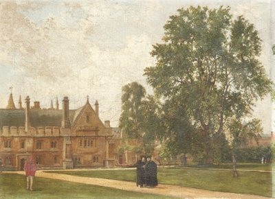 En los terrenos del Magdalen College, con retratos de los Fellows de Magdalen: Reverendo T. H. T. Hopkins, Reverendo H. R. Bramley, Reverendo J. Rigaud y Reverendo H. F. Garnsey, 1882 de Pierre François Joseph Tonneau