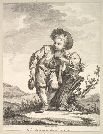 Niño pequeño sosteniendo una canasta de uvas, de Deuxième Livre de Figures d