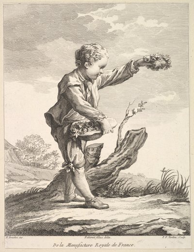 Niño pequeño sosteniendo una corona y una canasta de flores, del Deuxième Livre de Figures d