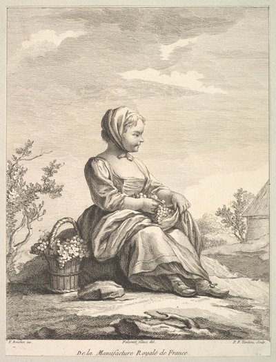 Niña pequeña sosteniendo uvas con una canasta a su lado, de Deuxième Livre de..., después de 1757 de Pierre François Tardieu