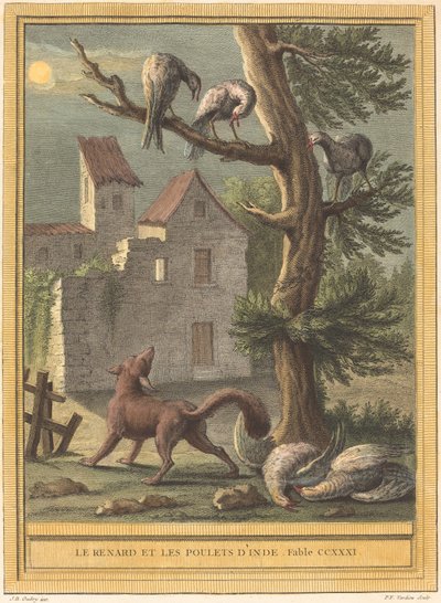 El zorro y las gallinas de la India de Pierre François Tardieu after Jean Baptiste Oudry