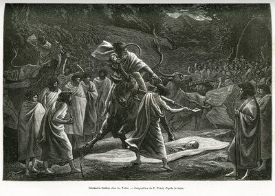 Una ceremonia funeraria para los Todas, una pequeña comunidad pastoral en la meseta de Nilgiri (Sur de India), durante el funeral, se sacrifican ganado. Grabado por P.Fritel, para ilustrar el recital recuerdos de un viaje a los Nilgherries, por Madame Jans de Pierre Fritel