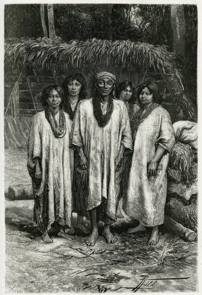 Jefe Lacandon y tipos Lacandon, pueblo maya que vive en las selvas de Chiapas (México). Grabado por P. Fritel, para ilustrar la historia "Viaje a Yucatán y la Tierra de los Lacandones", en 1882, por Désiré Charnay (1828-1915) arqueólogo y fotógrafo de Pierre Fritel