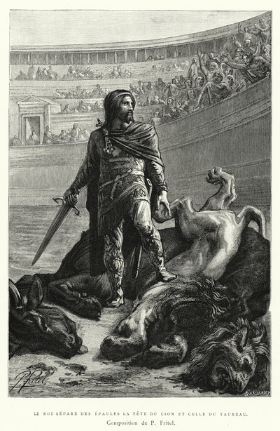 Le Roi Separe Des Epaules La Tete Du Lion Et Celle Du Taureau (grabado) de Pierre Fritel
