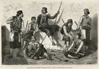 Los Krivoscians, montañeses de las Bocas de Cattaro (o Kotor, bahía en la costa occidental de Montenegro), armados para resistir la fuerza de invasión de las tropas austriacas. Grabado según el dibujo de P.Fritel, para ilustrar el viaje a Dalmacia, por C de Pierre Fritel