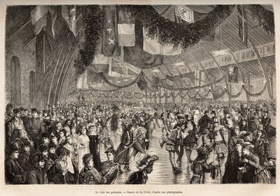 El club de patinadores de Montreal, en una reunión para una noche de patinaje de disfraces, ilustración de la excursión a Canadá y el río Rojo del norte, por H. De Lamotte, en 1873, publicado en “Le tour du monde” 1875, editado por Edouard Charton de Pierre Fritel