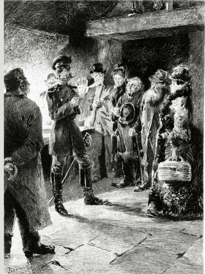 Un oficial alemán pide a Bola de Sebo a cambio de la libertad de todos los pasajeros que han sido arrestados en la diligencia. En “Bola de Sebo” de Guy de Maupassant (1850-1893). Ilustración de P. G. Jeanniot (1848-1934). Publicado en Ollendorff de Pierre Georges Jeanniot