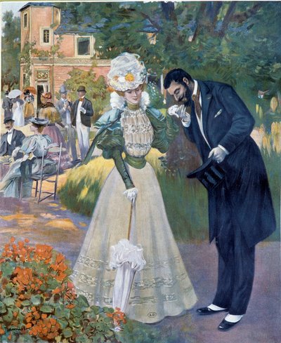 Belle époque: “Sexo de manos”: un hombre saludando a una mujer en una recepción. Ilustración de Jeanniot para “Le Figaro illustrious” Principios del siglo XX París, Artes Decorativas de Pierre Georges Jeanniot