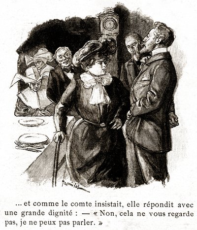 "Boule de Suif": Elisabeth Rousset se niega a responder al Conde, principios del siglo XX (ilustración) de Pierre Georges Jeanniot