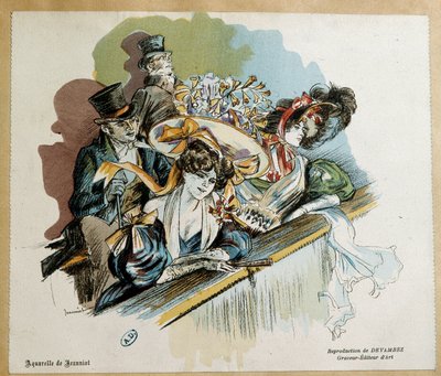 Parejas elegantes en el Teatro de Acuarela de Pierre Georges Jeanniot