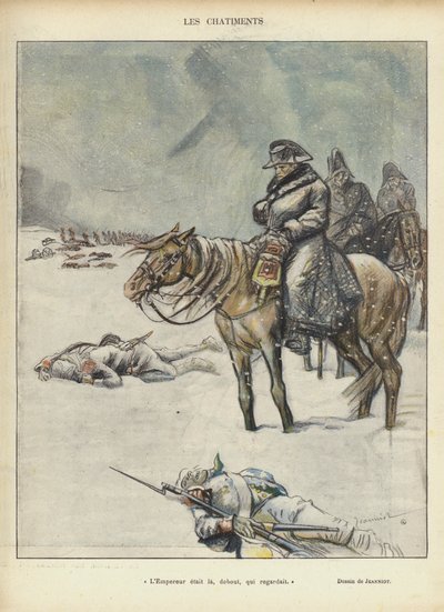 Napoleón en la retirada de Moscú, ilustración para Le Rire de Pierre Georges Jeanniot