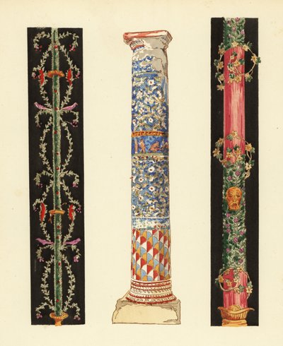 Candelabros decorativos en el Cuarto Estilo Pompeyano (1,3) y columna de mosaico de esmalte (2), Pompeya de Pierre Gusman
