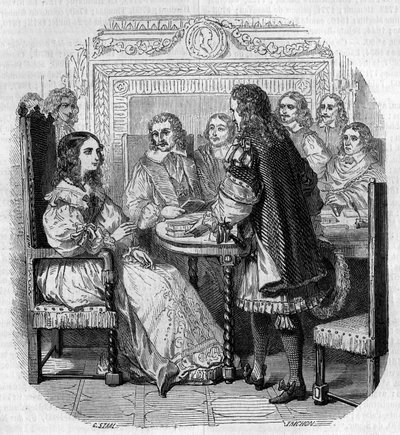 Visita de la Reina Cristina de Suecia (1626-1689) a la Academia Francesa en París en presencia del Cardenal Richelieu. Grabado por G. Staal de Pierre Gustave Eugene Staal