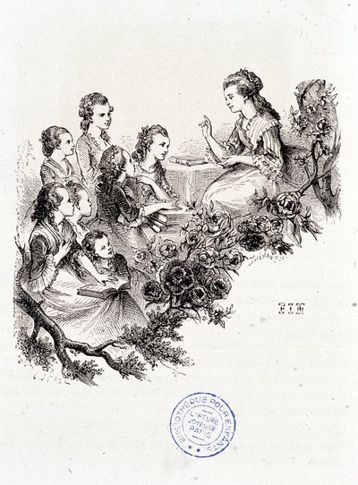 Ama de casa joven contando una historia a un grupo de niños - en “Le magasin des enfants” por Mme Leprince de Beaumont, ill. Staal, Garnier de Pierre Gustave Eugene Staal