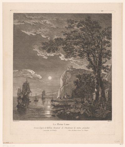 Paisaje nocturno con barcos en la costa La Pleine Lune. (título en el objeto) de Pierre Jacques Duret