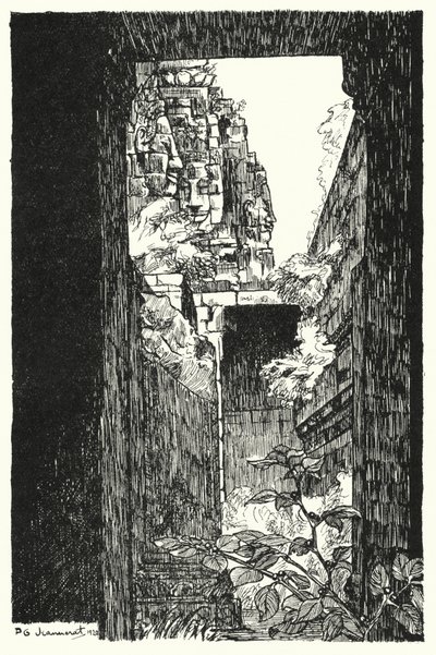 En el Bayon, vistazo a través de un techo caído (grabado) de Pierre Jeannerat de Beerski