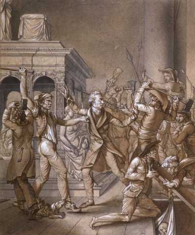 Alexandre Lenoir oponiéndose a los revolucionarios cuando quieren destruir la tumba del rey francés Luis XII en la basílica real de Saint Denis en 1793, en la época de la revolución francesa de Pierre Joseph Lafontaine