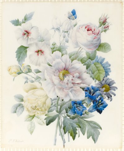 Un Ramo de Flores incluyendo una Peonía, Rosas, Hibisco, Ásteres, Genciana y una Mariposa Azul Imaginaria de Pierre Joseph Redouté