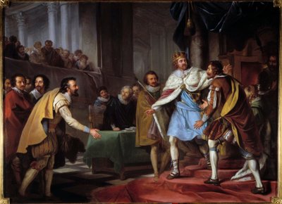 Embajada de Maximiliano de Béthune, Duque de Sully (1560-1641) al Rey Jacobo I Estuardo en 1603 El embajador del Rey de Francia Enrique IV vino a negociar con el nuevo Rey de Inglaterra y lo llamó Hampton Court el 9/09/1603. de Pierre Lacour