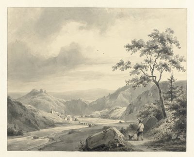 Paisaje de ladera con cazador con perro en movimiento de Pierre Louis Dubourcq