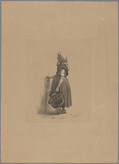 Chica de pie con cesta de aves Cinco pruebas de aguafuerte (título de la serie) de Pierre Louis Dubourcq